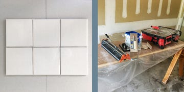 grid of square tiles, tile cutter, grout in workshop
