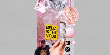 a collage of things associated with wellness like sage and crystals and then objects to show the darker side of it like money and a man holding a sign relating to conspiracy theories