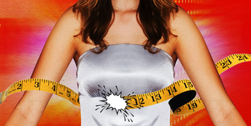 a person wearing a prom dress with a tape measure around her chest