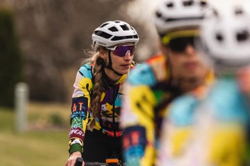 a cyclist rides in a group