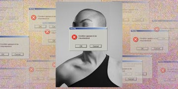 an artistic concept to illustrate a piece on whether adhd is being overdiagnosed or is just finally understood, it shows a woman with her face blocked out with a computer pop up saying condition appears to be misunderstood