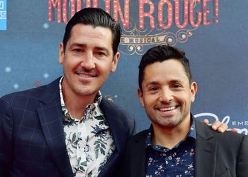 boston, ma july 29 singer jonathan knight and harley rodriguez arrive at the grand re opening of bostons emerson colonial theatre with the gala performance of moulin rouge the musical at emerson colonial theatre on july 29, 2018 in boston, massachusetts photo by paul marottagetty images for emerson colonial theatre