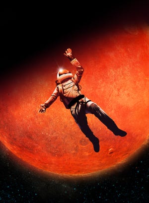 illustration of astronaut floating alone in the orbit of mars