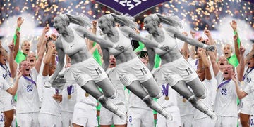 a collage of the england womens football team with the iconic moment chloe kelly took her shirt off after a goal was scored during a big match