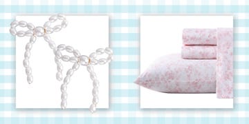 pearl bow earrings and pink floral bed sheets