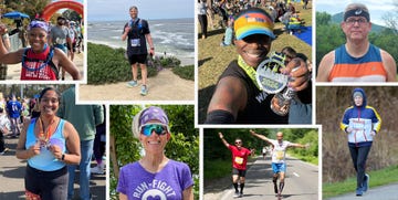 various people running and posing with medals after races