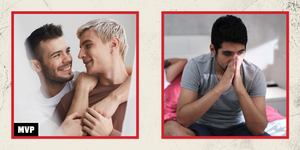 side by side images of a gay couple looking into each other's eyes and a man frustrated in bed