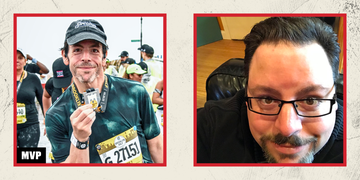 head shot of before and half marathon shot after holding medal