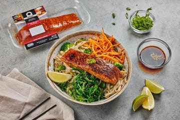 salmon on a bowl of noodles