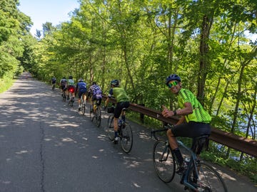 a line of cyclists on a backroad lined with trees