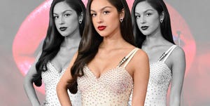 a collage shows olivia rodrigo posing at a red carpet event