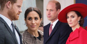 a side by side of two images one showing prince william and kate middleton and the other of prince harry and meghan markle