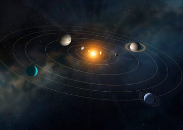 illustration of our solar system, with light emanating from the sun