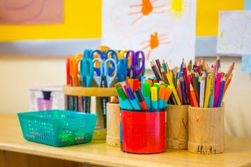 pens on the kindergarten desk