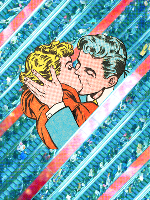 vintage comic book style illustration of a couple kissing with escalators in the background