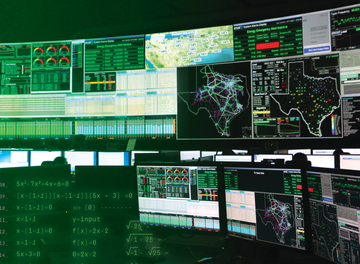 ercot control center with math overlaid on top of the computer screens