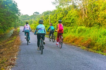 senior asian ladies cycling in the countryside