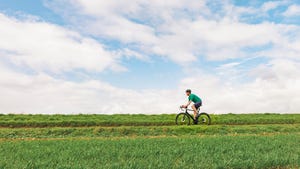 side view of a mature road cyclist against a green foreground and blue sky