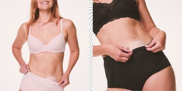 side by side images of a model with a visible stoma bag wearing underwear from marks and spencer that supports colostomy bags