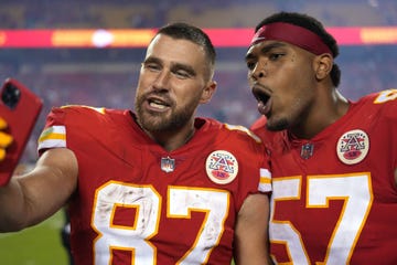 kansas city, missouri october 10 orlando brown jr 57 and travis kelce 87 of the kansas city chiefs take a selfie after the chiefs defeated the las vegas raiders 30 29 to win the game at arrowhead stadium on october 10, 2022 in kansas city, missouri photo by jason hannagetty images