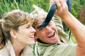 san francisco june 26 exclusive the crocodile hunter, steve irwin, r shows a snake to his wife terri l at the san francisco zoo on june 26, 2002 in san francisco, california irwin is on a 3 week tour to promote the release of his first feature film, the crocodile hunter collision course is due in theaters july 12th photo by justin sullivangetty images