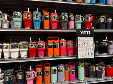 trendy yeti brand water bottle tumbler display in dick's sporting goods store, queens, new york