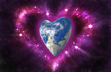 a glitter heart surrounds a heart shaped planet earth