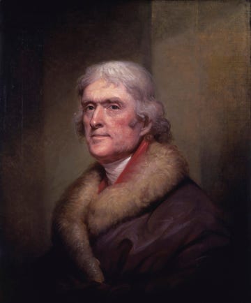 thomas jefferson painting featuring the man staring at the viewer and wearing a fur trimmed coat over red and white clothing underneath