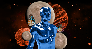 a robotic blue man in space