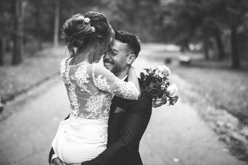 happy bride and groom in black and white that you might caption you're my person, forever for wedding instagram