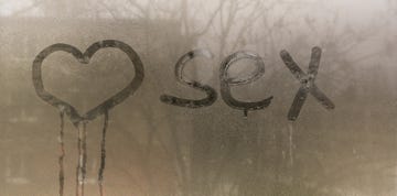 word sex, the writing on the wet window glass the heart is painted on a damp window