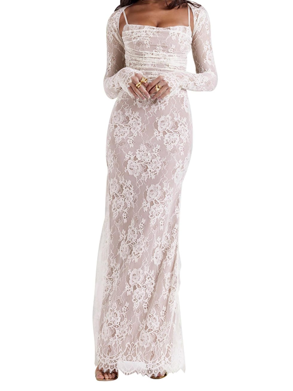 Women Vintage Cream Lace Maxi Dress