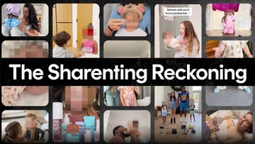 the sharenting reckoning text and photos of parents sharing their kids online with the children's faces blurred