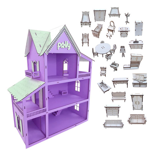 Kit Casa De Boneca + 30 Moveis Em Mdf Pintado 