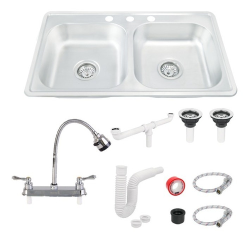 Fregadero Tarja Tina Doble Acero Inox 84x48 Con Kit Mez Flex