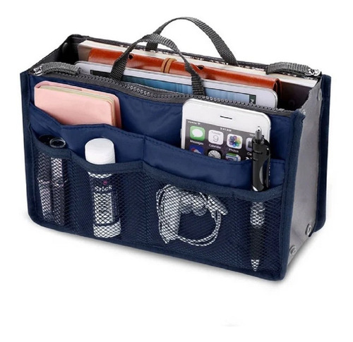 Organizador Bolsa Maquiagem - Mala Viagem Tablet Celular Cor Azul-escuro/Cinza