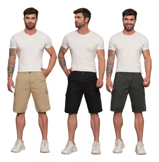 Kit 3 Bermudas Cargo Masculinas Cargo Sarja 6 Bolsos 3 Cores