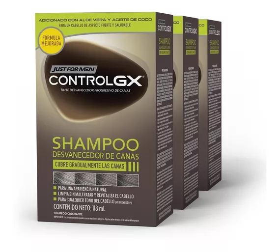 Shampoo Just for Men Control GX, desvanecedor progresivo de canas, paquete de 3, 118 ml