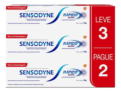 Sensodyne Rápido Alívio kit de creme dental alívio em 60 segundos para dentes sensíveis promovendo alívio rápido e duradouro da sensibilidade com 3 unidades de 90g