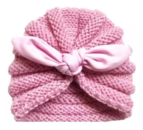 Gorro Tejido Estambre Bebé Y Niña Con Moño Rosa Turbante