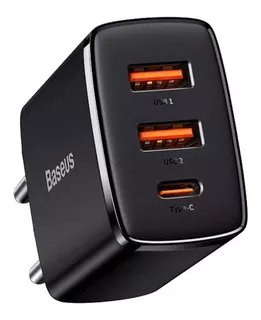 Baseus Carregador Rápido Turbo 30w Pd Tipo-c & 2 Usb Compact Cor Preto