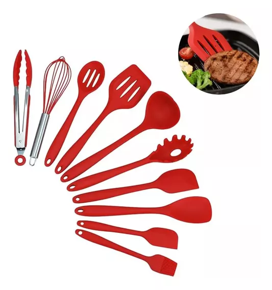 Kit 10 Utensílios Silicone Maciço Colher Espátula Flexível