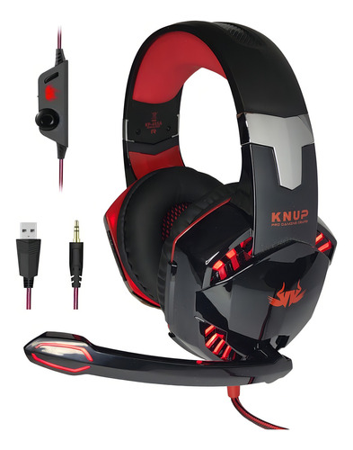 Fone De Ouvido Gamer Headset Knup Kp-455a Com Led Microfone Cor Preto/Vermelho