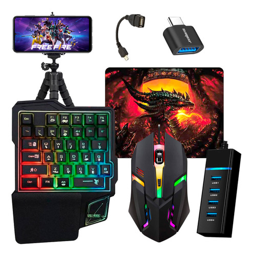 Kit Mobilador Celular Teclado Gamer Uma Mão + Mouse Gamer