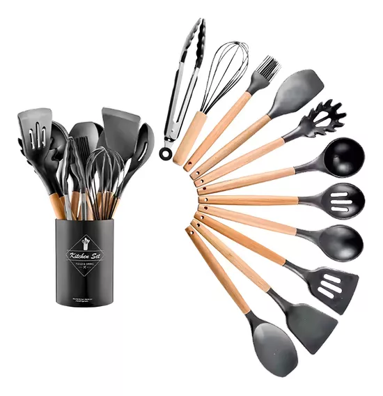 Jogo kit com 12 peças utensílios de cozinha Casa Laura Enxovais colheres espátula silicone cabo madeira decoração cinza