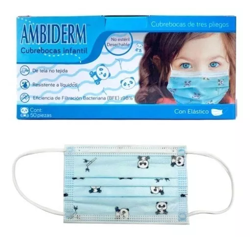 Cubre Boca Para Niños Ambiderm Con Diseño Pandas Azul 200 Pz