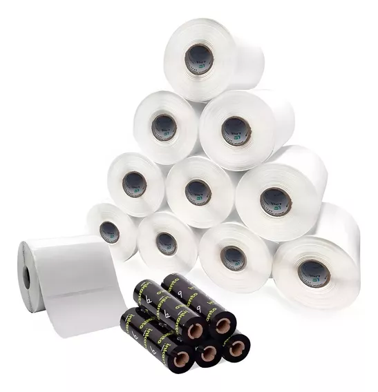 Kit 10 Rls Etiqueta 10x10 100x100 Bopp Fosco e 5 Ribbon Misto Cor Branco Link Etiquetas