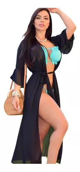 Saída De Praia Longa Vestido Canga Manga Kimono Lançamento