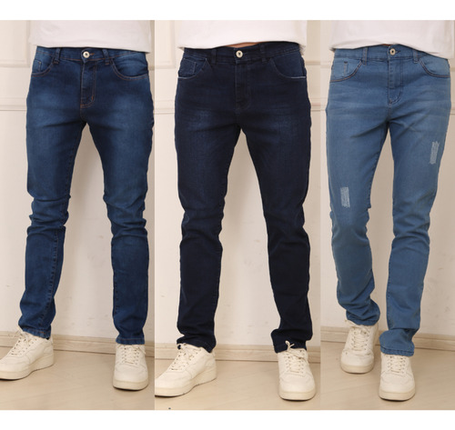 Kit Com 3 Calças Jeans Masculinas Com Elastano Dia A Dia