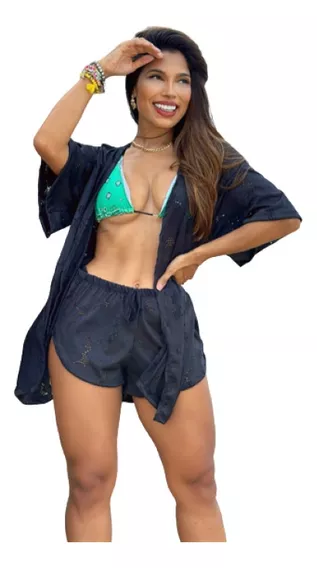 Kimono Saída De Praia Conjunto Camisão Aberto + Short  